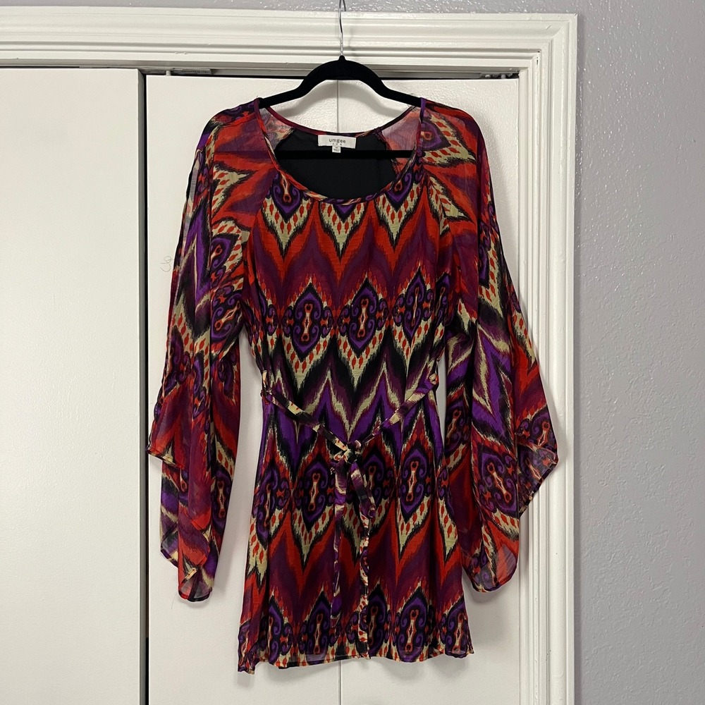 Umgee USA Boho Kimono Dress‎ Red Purple Black Ikat Print Belted Mini S
